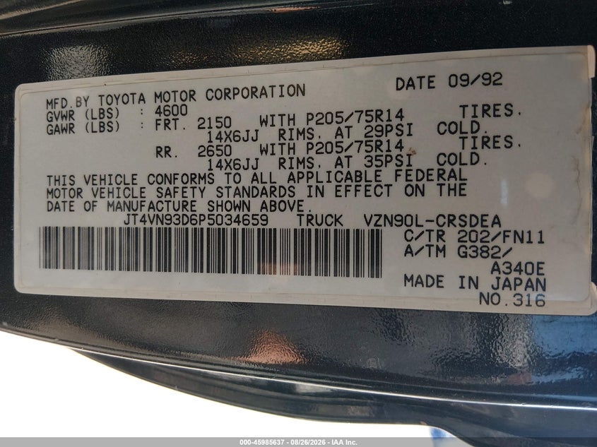 TOYOTA PICKUP 1993 VIN JT4VN93D6P5034659