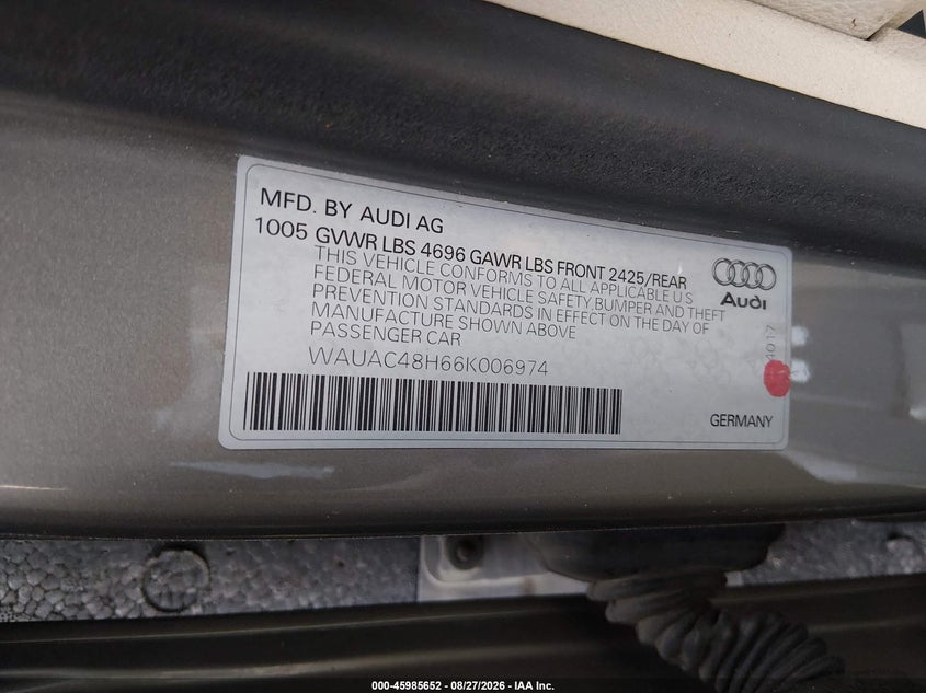 AUDI A4 2006 VIN WAUAC48H66K006974