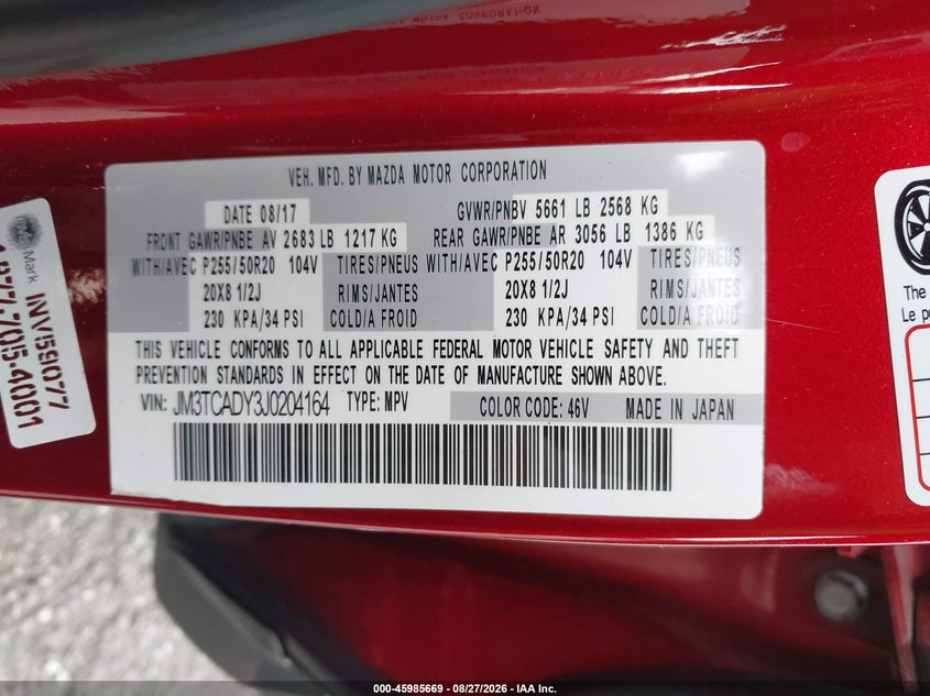 MAZDA CX-9 2018 VIN JM3TCADY3J0204164
