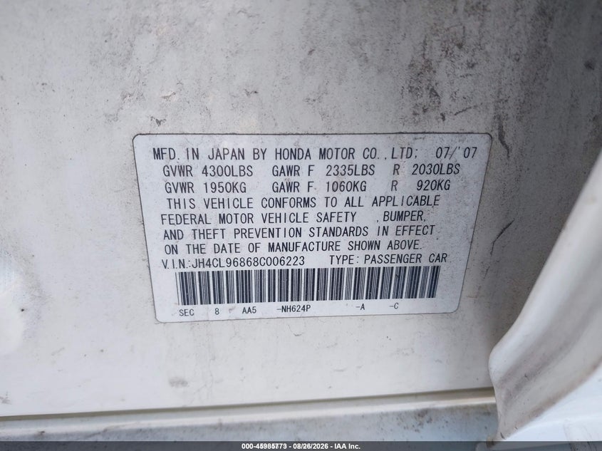 ACURA TSX 2008 VIN JH4CL96868C006223
