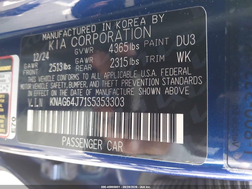 KIA K5 2025 VIN KNAG64J71S5353303