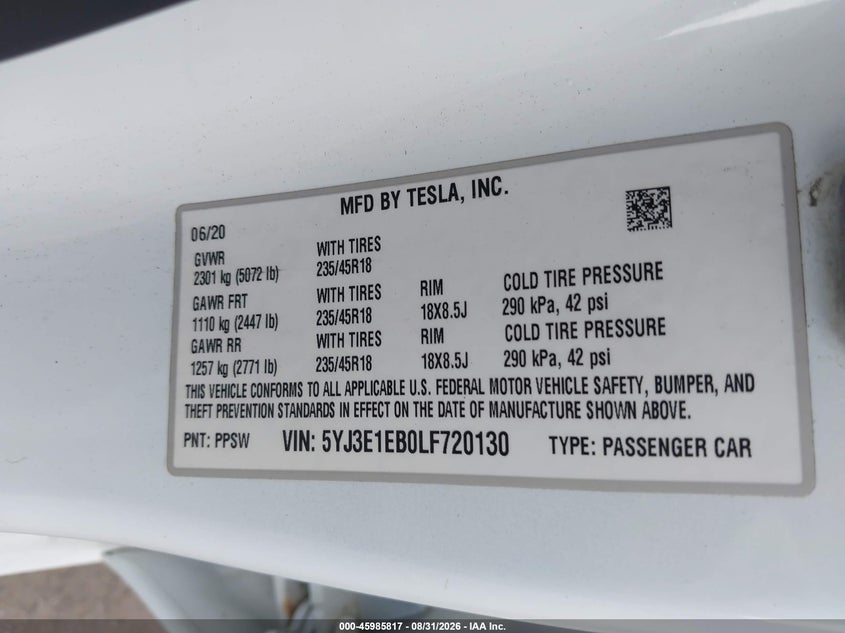 TESLA MODEL 3 2020 VIN 5YJ3E1EB0LF720130