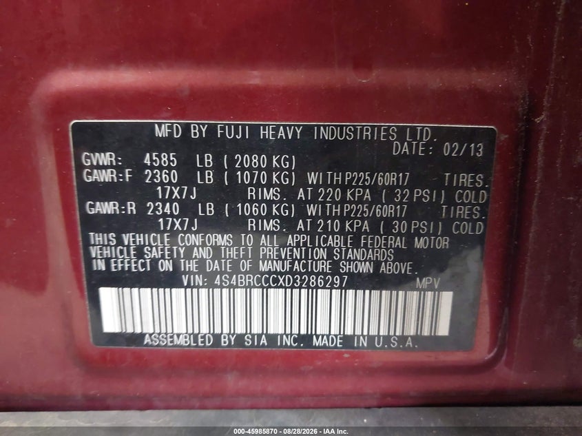 SUBARU OUTBACK 2013 VIN 4S4BRCCCXD3286297