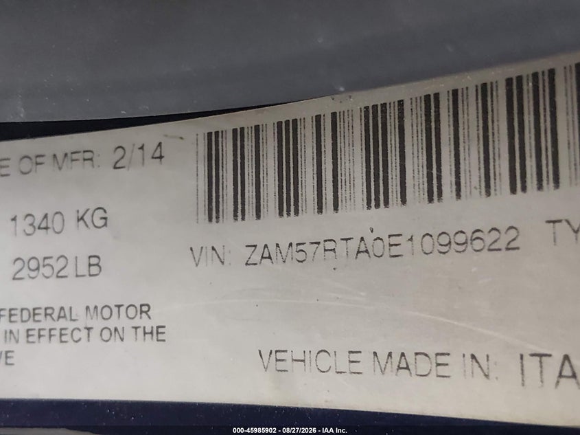 MASERATI GHIBLI 2014 VIN ZAM57RTA0E1099622