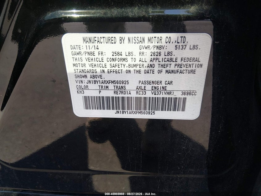 INFINITI Q70 2015 VIN JN1BY1ARXFM560925