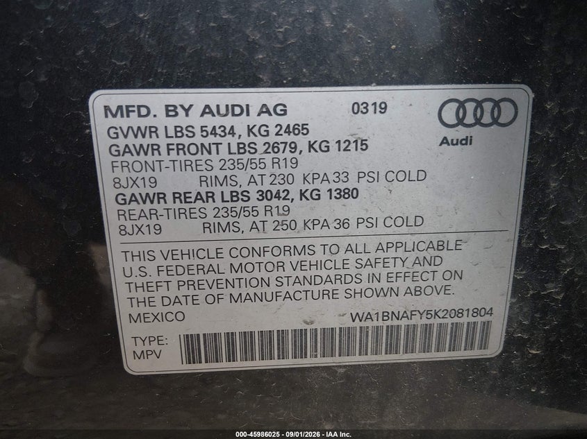 AUDI Q5 2019 VIN WA1BNAFY5K2081804