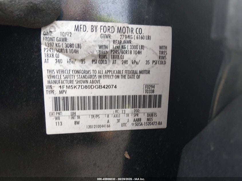 FORD EXPLORER 2013 VIN 1FM5K7D80DGB42074