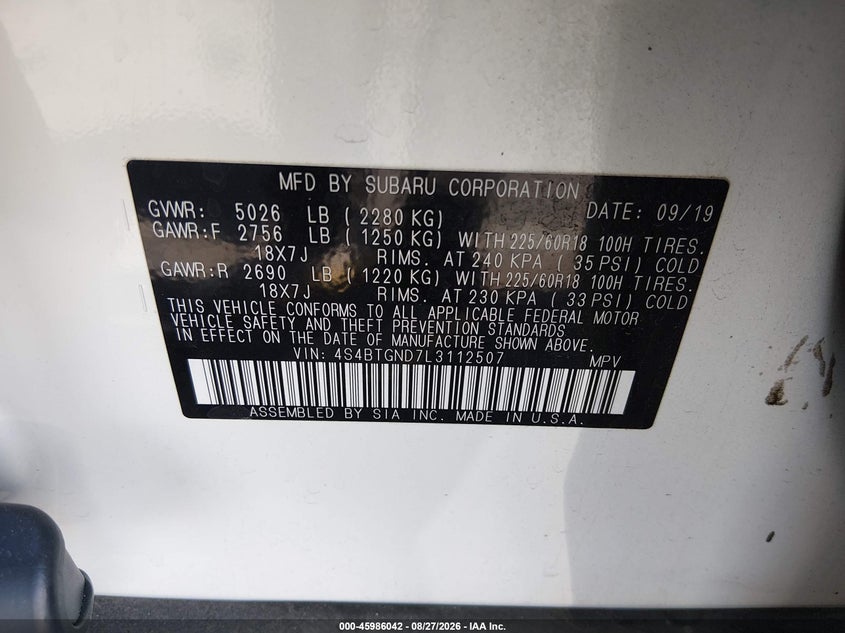SUBARU OUTBACK 2020 VIN 4S4BTGND7L3112507