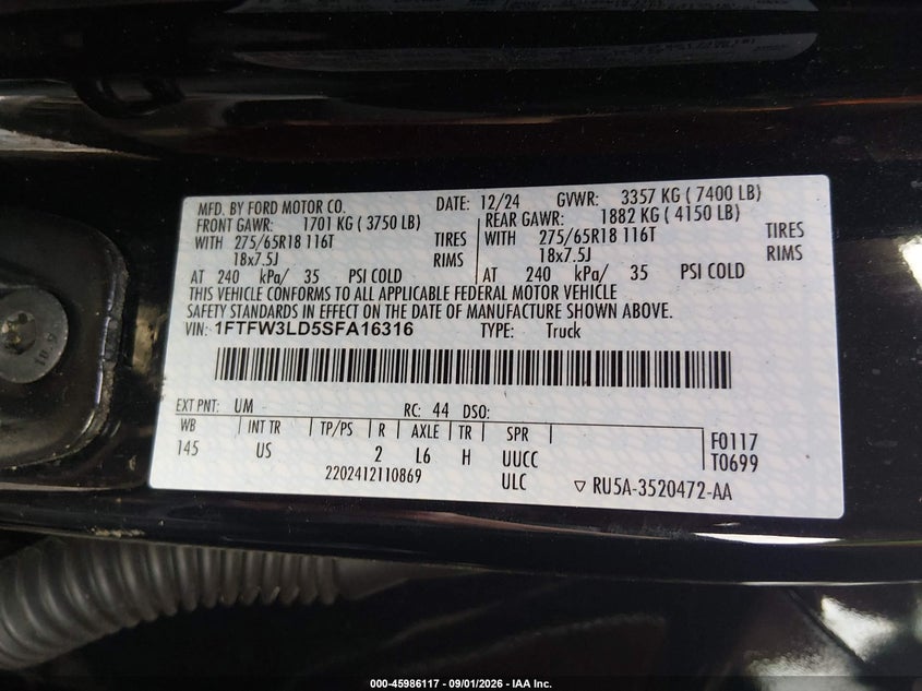 FORD F-150 2025 VIN 1FTFW3LD5SFA16316