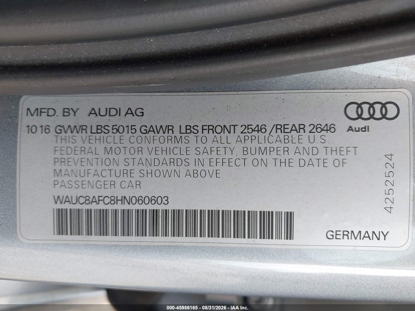 2017 AUDI A6 SEDAN 2.0L I-4 DI, DOHC, VVT, TURBO, PREMIUM , 252HP