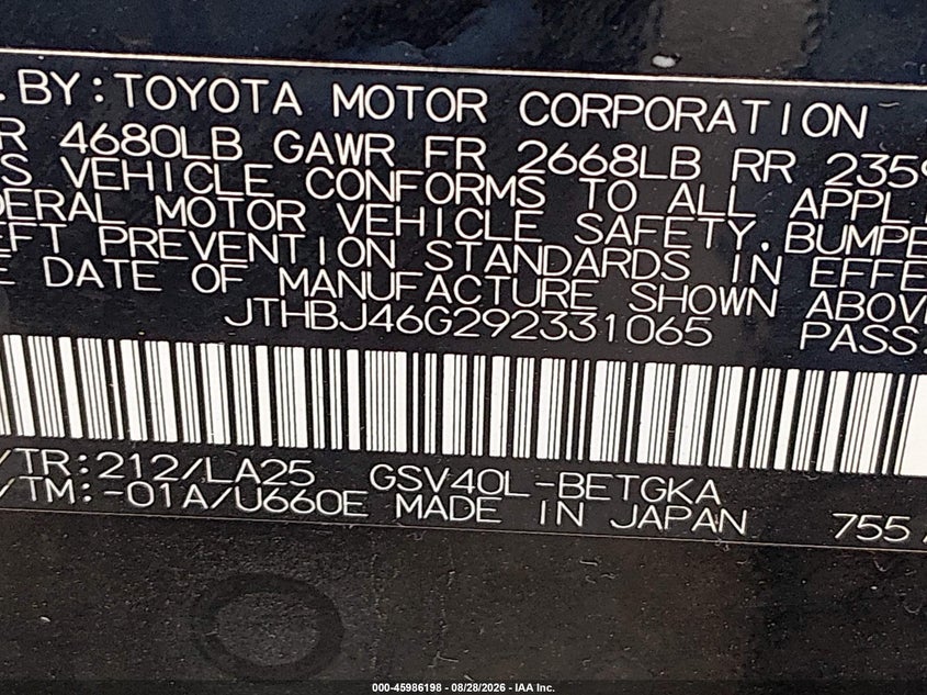 LEXUS ES 350 2009 VIN JTHBJ46G292331065