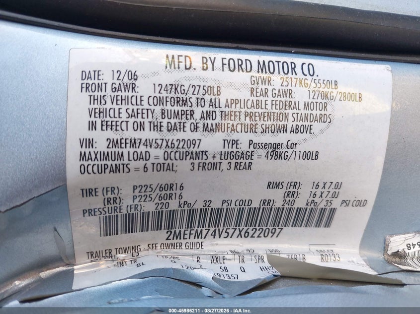 MERCURY GRAND MARQUIS 2007 VIN 2MEFM74V57X622097