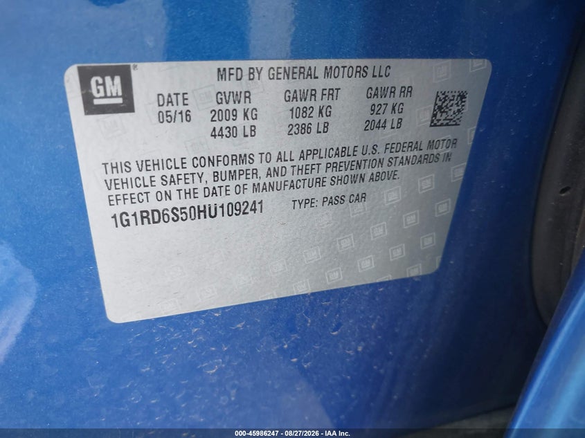 CHEVROLET VOLT 2017 VIN 1G1RD6S50HU109241