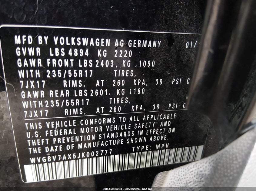 VOLKSWAGEN TIGUAN LIMITED 2018 VIN WVGBV7AX5JK002777