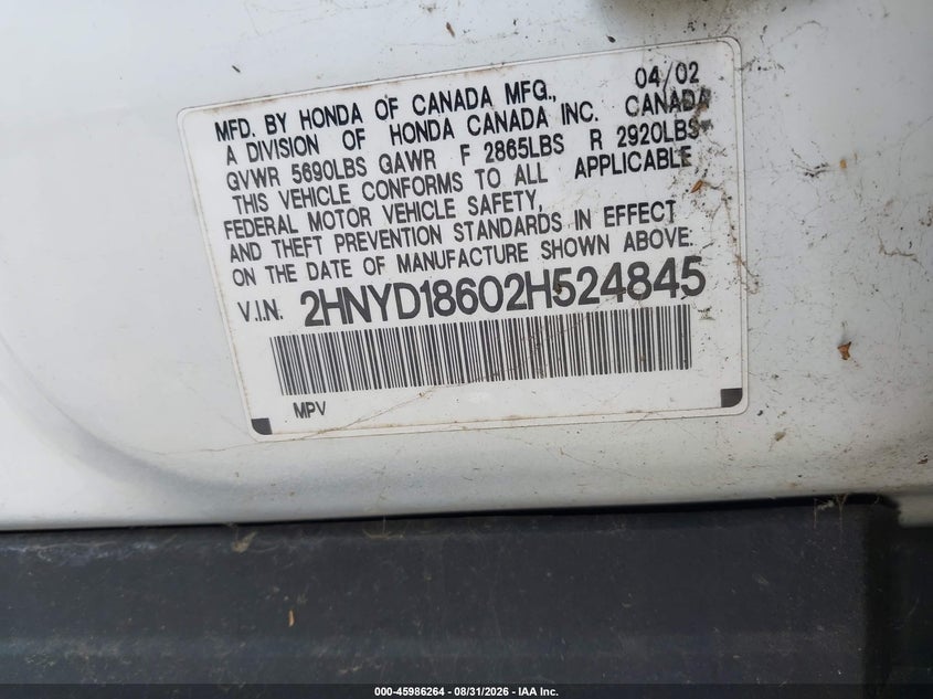 ACURA MDX 2002 VIN 2HNYD18602H524845