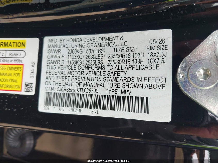 HONDA CR-V HYBRID 2026 VIN 5J6RS5H8XTL029799