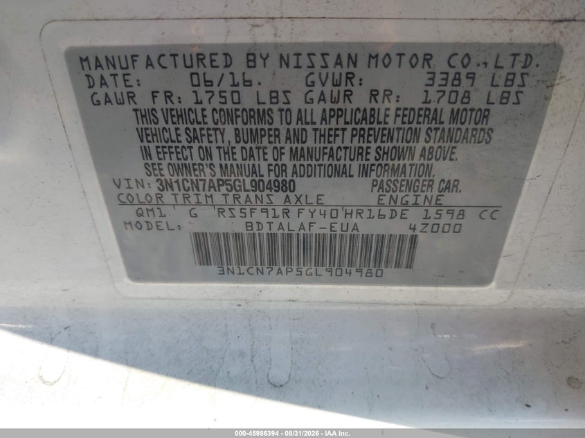 NISSAN VERSA 2016 VIN 3N1CN7AP5GL904980