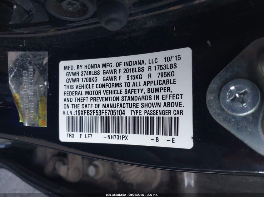 2015 HONDA CIVIC SEDAN 1.8L I-4 VVT, REGULAR , 143HP