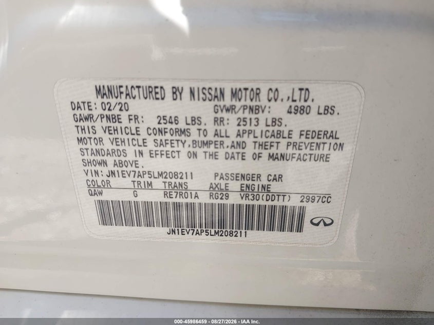 INFINITI Q50 2020 VIN JN1EV7AP5LM208211