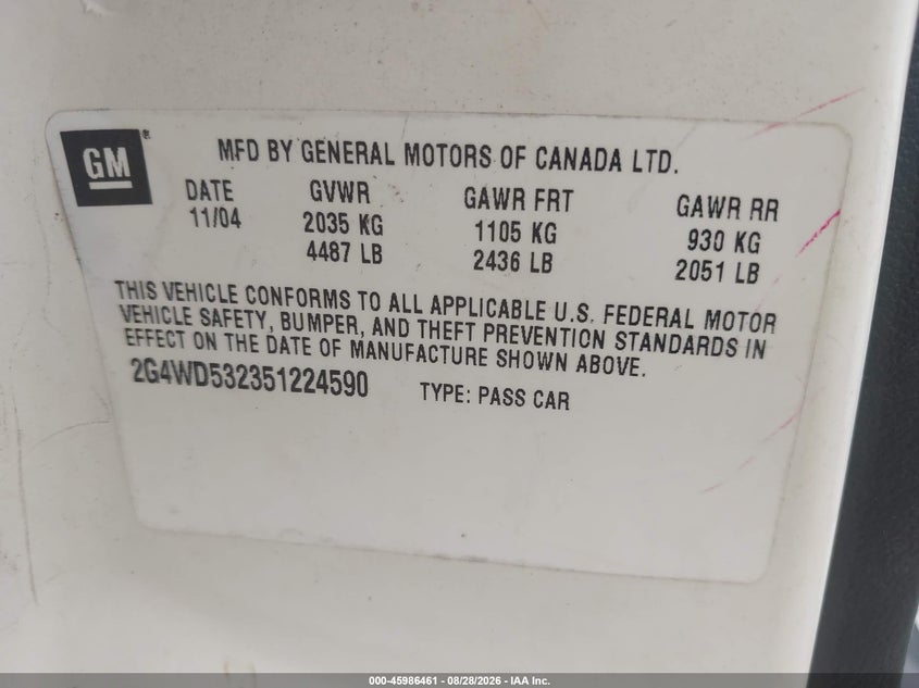 BUICK LACROSSE 2005 VIN 2G4WD532351224590