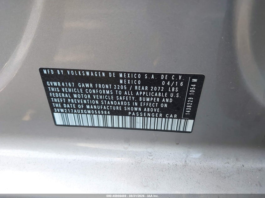 VOLKSWAGEN GOLF 2016 VIN 3VW217AUXGM056984