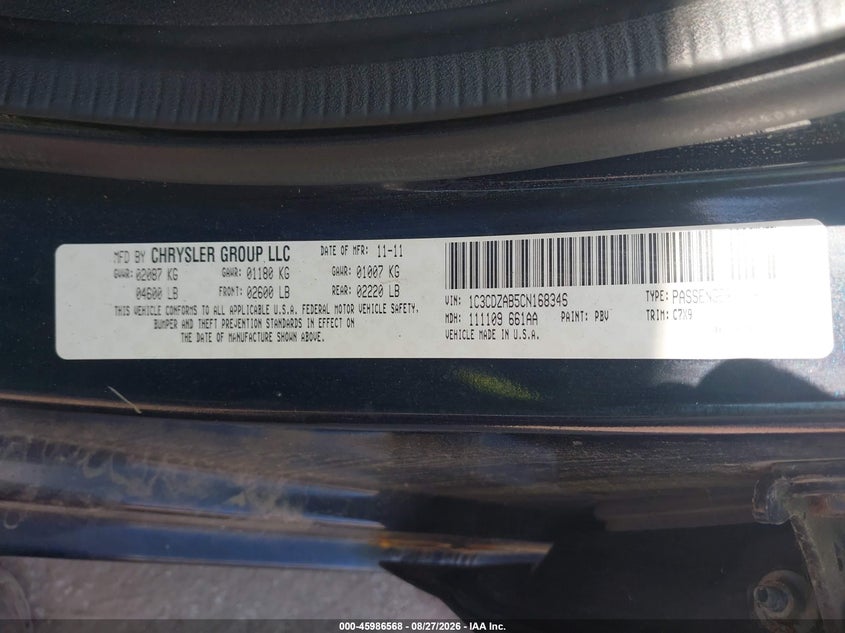 DODGE AVENGER 2012 VIN 1C3CDZAB5CN168346