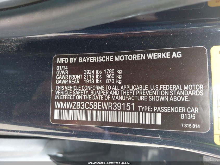 MINI COOPER COUNTRYMAN 2014 VIN WMWZB3C58EWR39151
