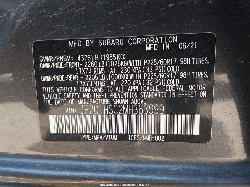 SUBARU CROSSTREK 2021 VIN JF2GTHSC2MH363999