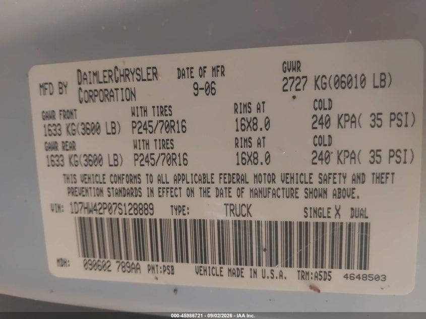 DODGE DAKOTA 2007 VIN 1D7HW42P07S128889