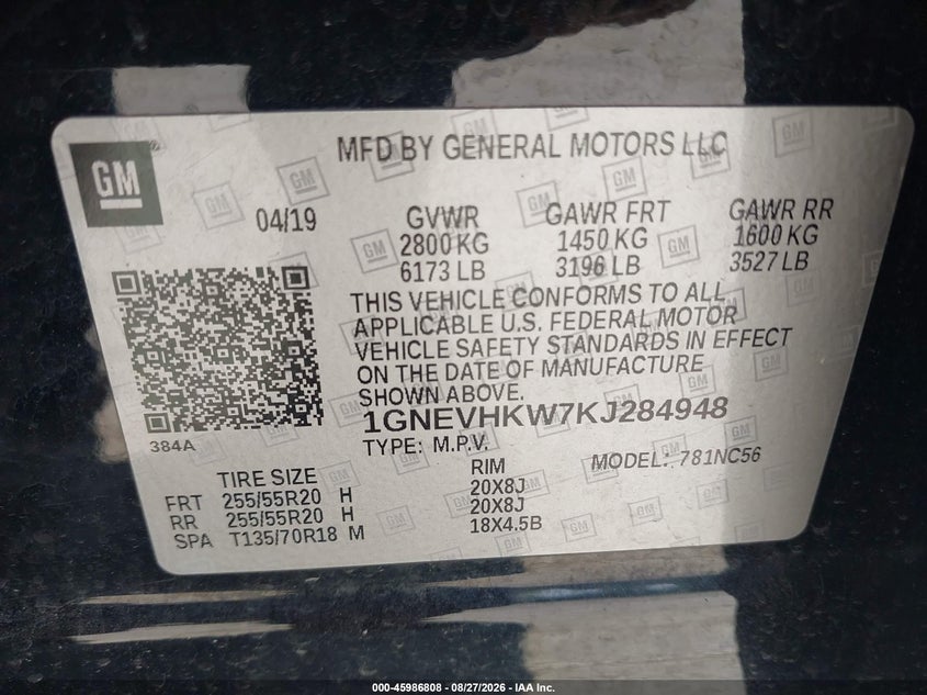 CHEVROLET TRAVERSE 2019 VIN 1GNEVHKW7KJ284948