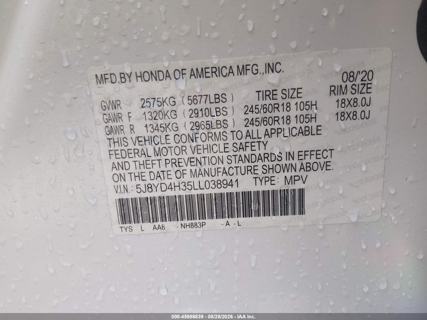 ACURA MDX 2020 VIN 5J8YD4H35LL038941