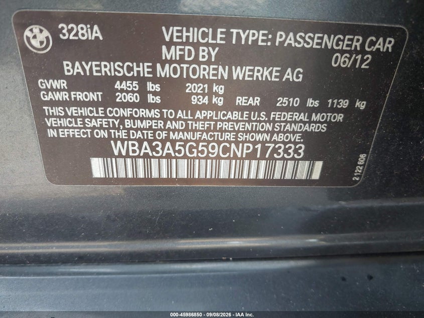 BMW 328I 2012 VIN WBA3A5G59CNP17333