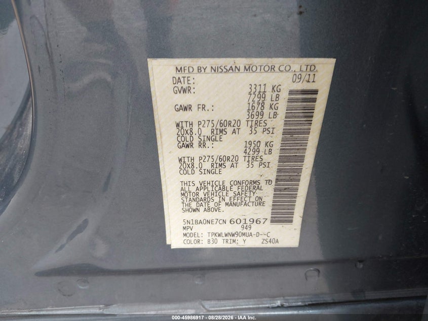 NISSAN ARMADA 2012 VIN 5N1BA0NE7CN601967