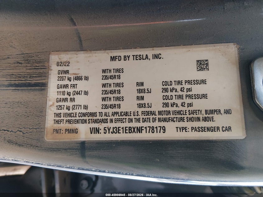 TESLA MODEL 3 2022 VIN 5YJ3E1EBXNF178179