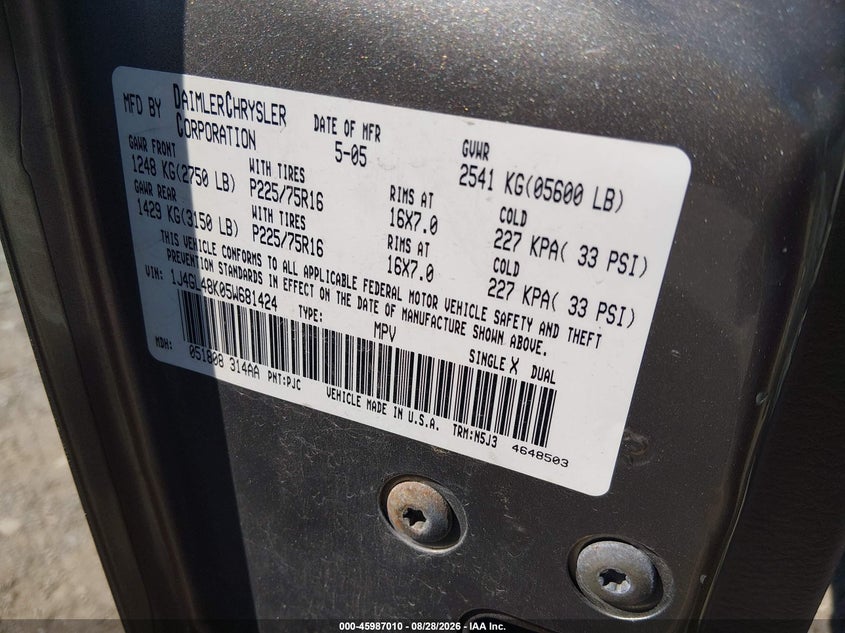JEEP LIBERTY 2005 VIN 1J4GL48K05W681424
