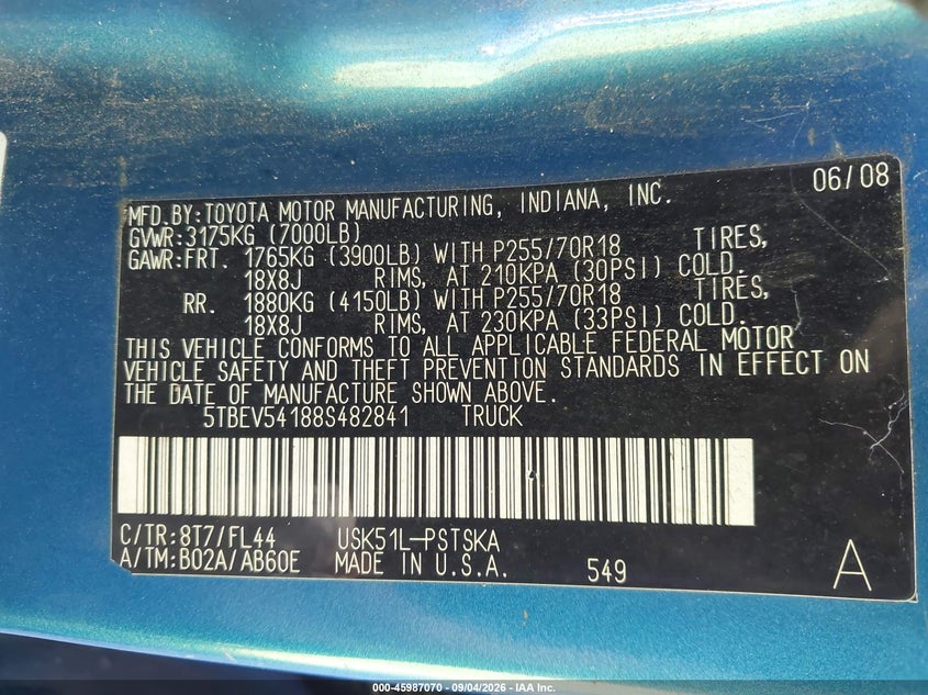 TOYOTA TUNDRA 2008 VIN 5TBEV54188S482841