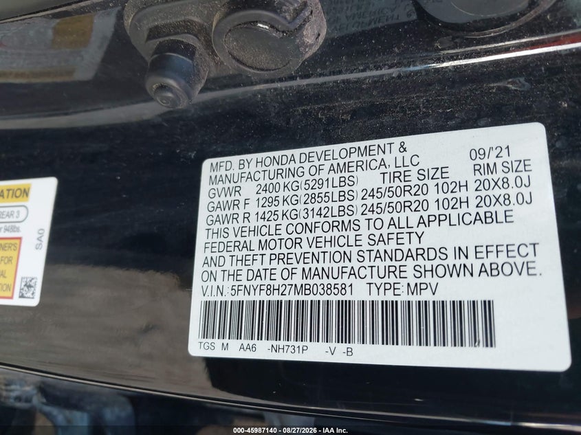HONDA PASSPORT 2021 VIN 5FNYF8H27MB038581