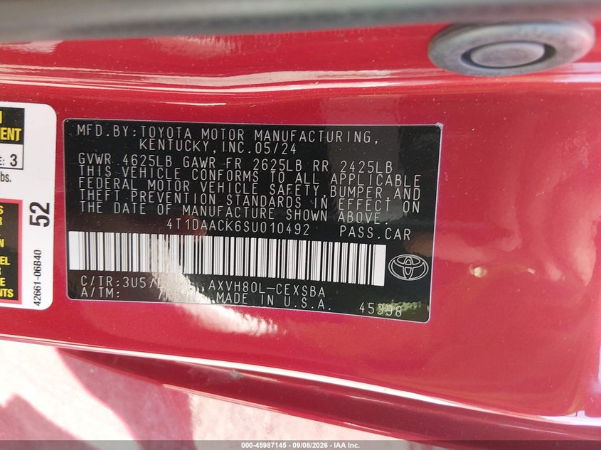 TOYOTA CAMRY 2025 VIN 4T1DAACK6SU010492