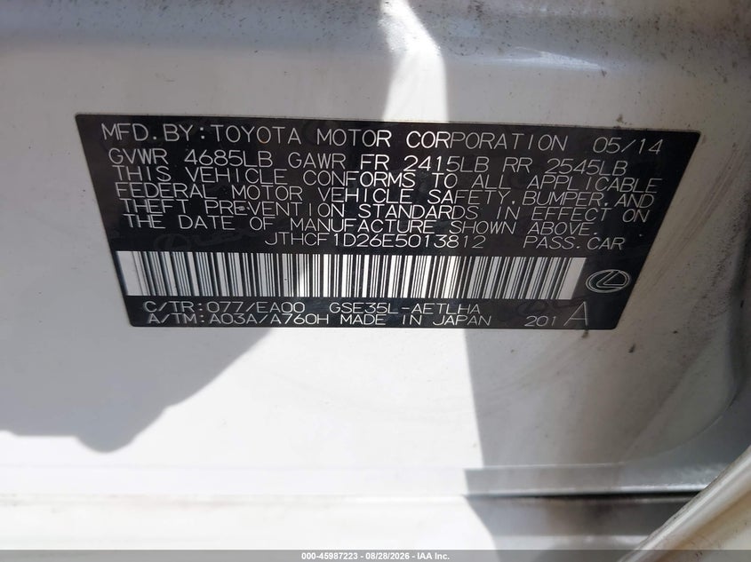 LEXUS IS 250 2014 VIN JTHCF1D26E5013812