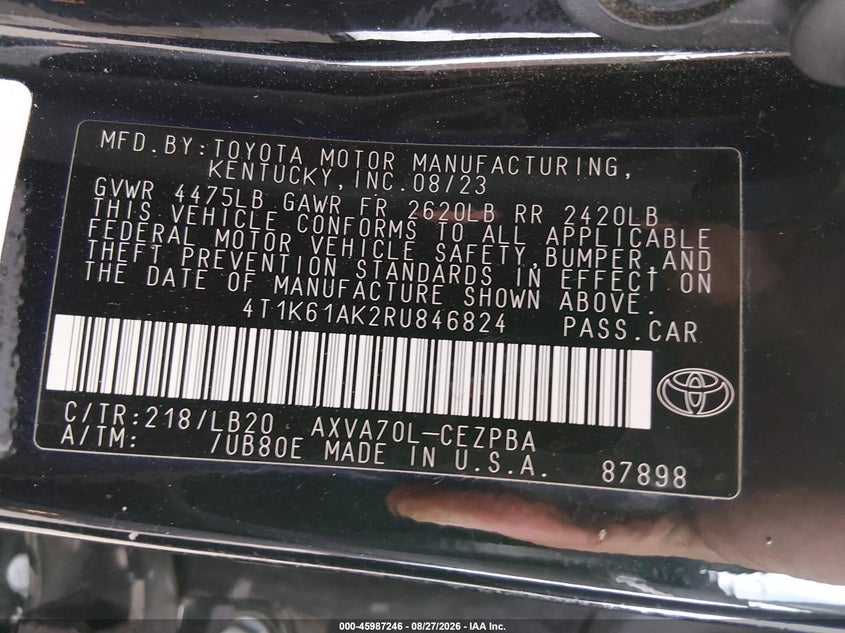 TOYOTA CAMRY 2024 VIN 4T1K61AK2RU846824
