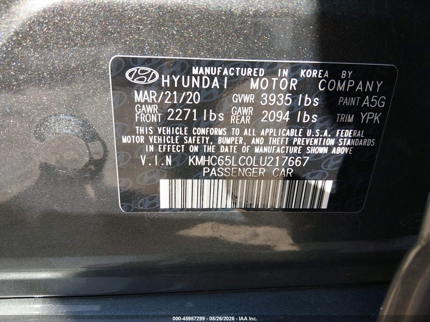 HYUNDAI IONIQ HYBRID 2020 VIN KMHC65LC0LU217667