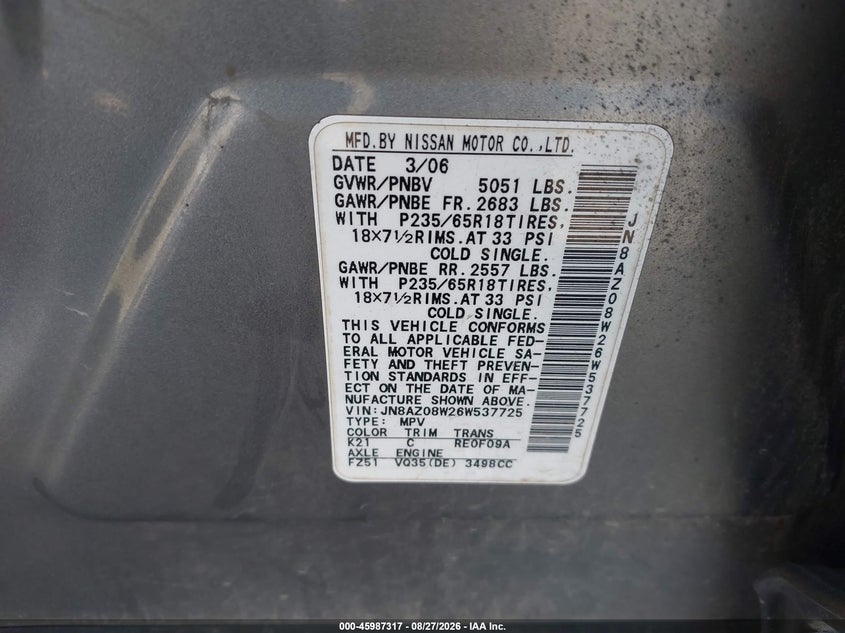 NISSAN MURANO 2006 VIN JN8AZ08W26W537725