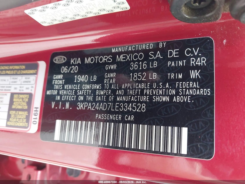 KIA RIO 2020 VIN 3KPA24AD7LE334528