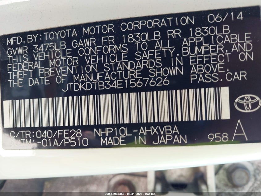 TOYOTA PRIUS C 2014 VIN JTDKDTB34E1567626