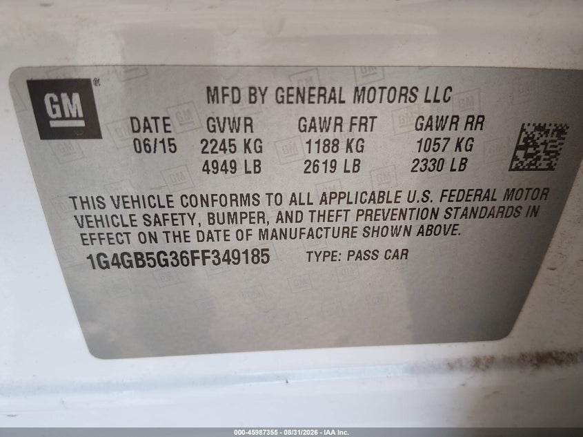 BUICK LACROSSE 2015 VIN 1G4GB5G36FF349185