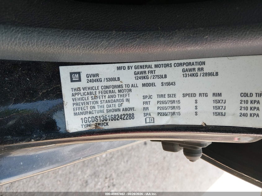 CHEVROLET COLORADO 2006 VIN 1GCDS136168242288