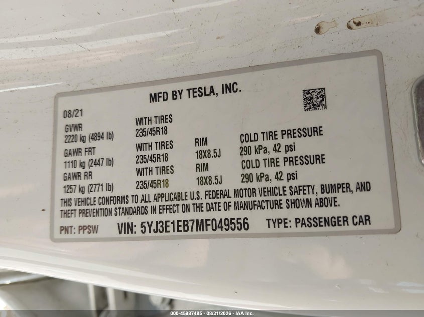 TESLA MODEL 3 2021 VIN 5YJ3E1EB7MF049556