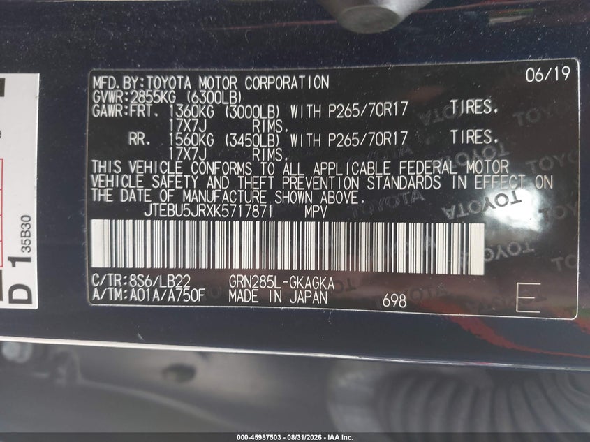 TOYOTA 4RUNNER 2019 VIN JTEBU5JRXK5717871