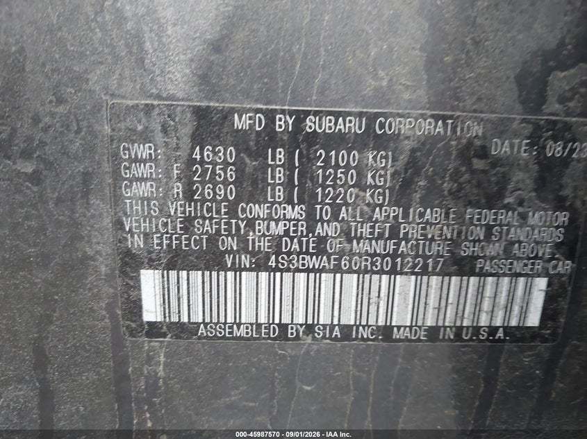 SUBARU LEGACY 2024 VIN 4S3BWAF60R3012217