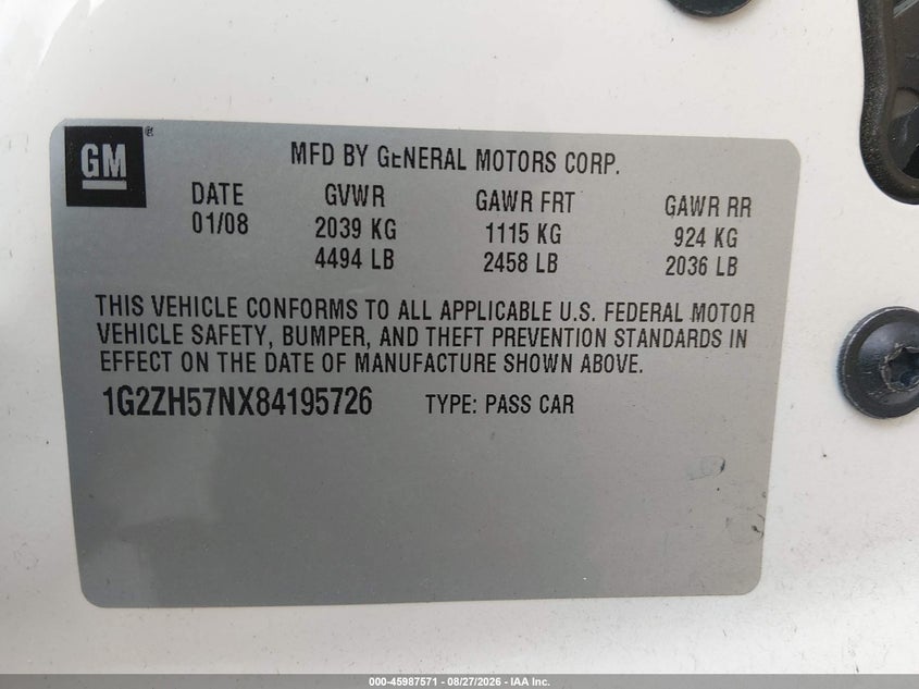 PONTIAC G6 2008 VIN 1G2ZH57NX84195726